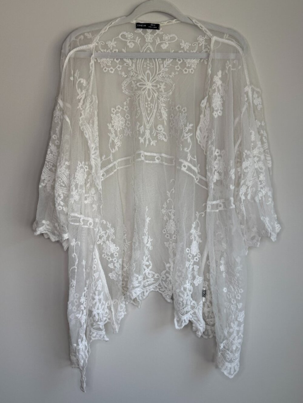 White Sheer Embroidered Kimono Cardigan Batwing Sleeve